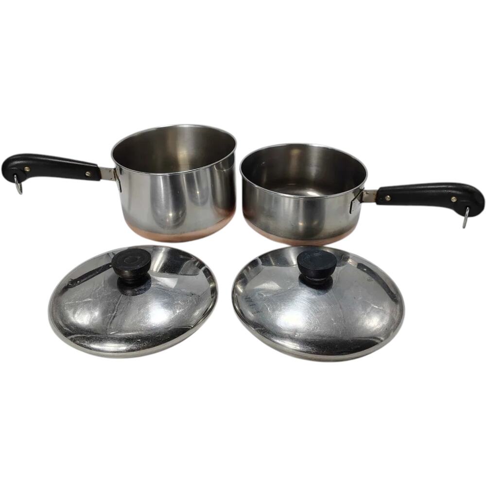 VTG 1801 Revere Ware Stainless Steel Sauce Pans Copper Bottom w/ lid Lot of 2